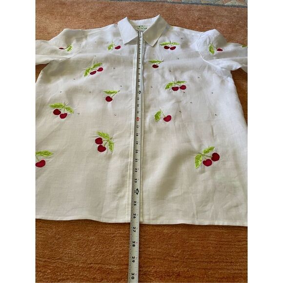 LT White Button Down Embroidered Cherry Fruit Beaded Long Sleeve Shirt Shacket - Picture 6 of 8